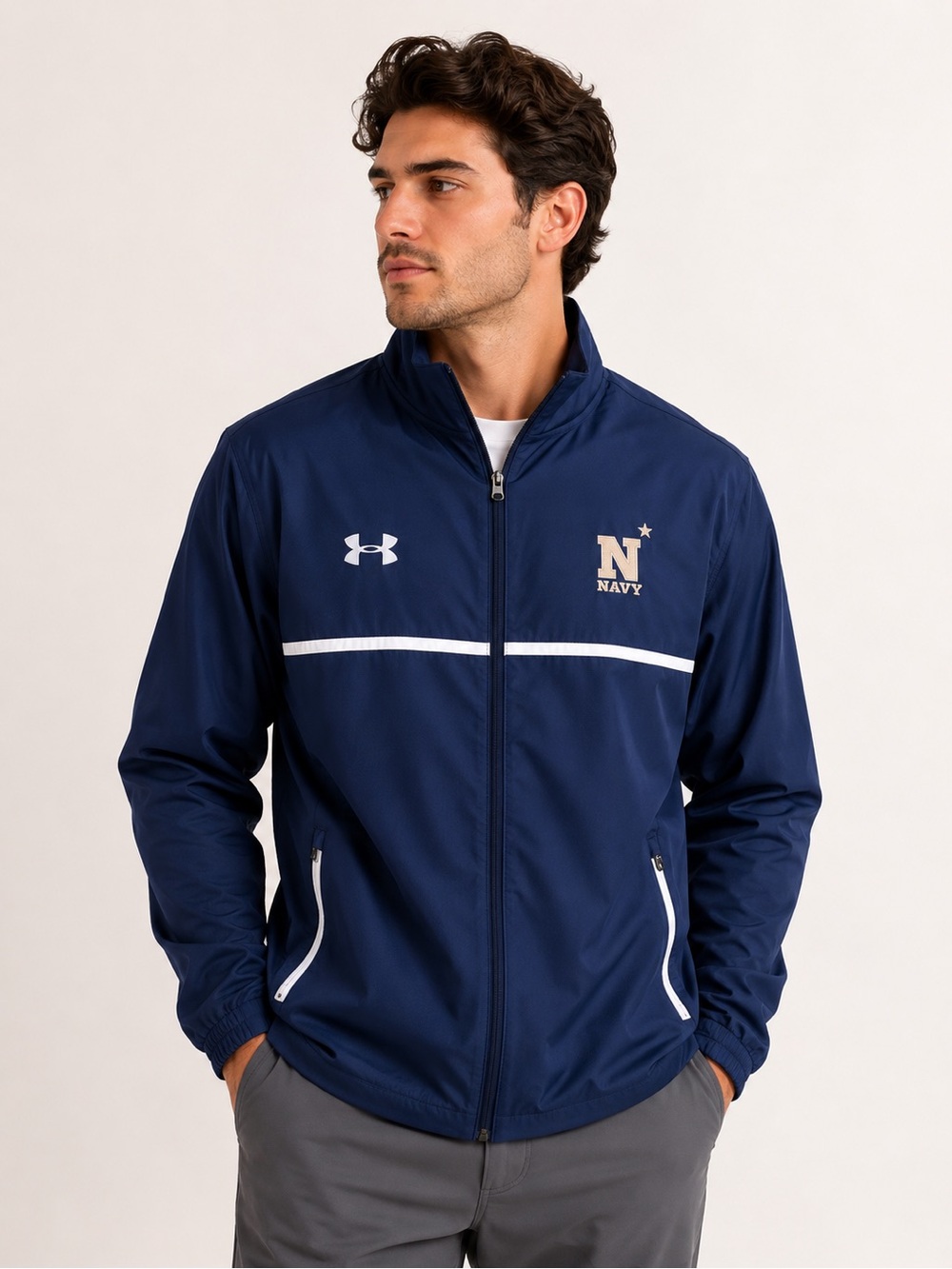Under Armour Navy Blue Zip-Up Sweater with White Accents